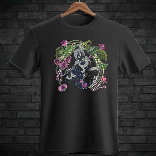 MHO Black Krishna Flute Design T-Shirt